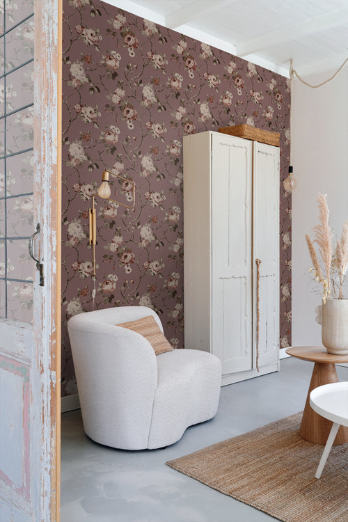 ESTAhome behang vintage bloemen aubergine paars - 50 x 900 cm - 131127 - vtwonen shop