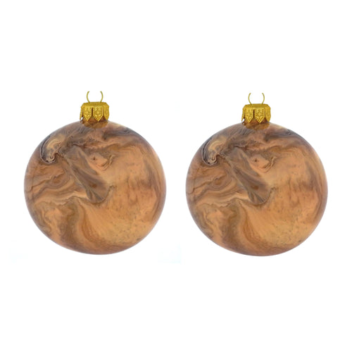 Dagmara kerstbal – bruin en crèmekleurig – glas – set van 2 – met marmer geïnspireerd design - vtwonen shop