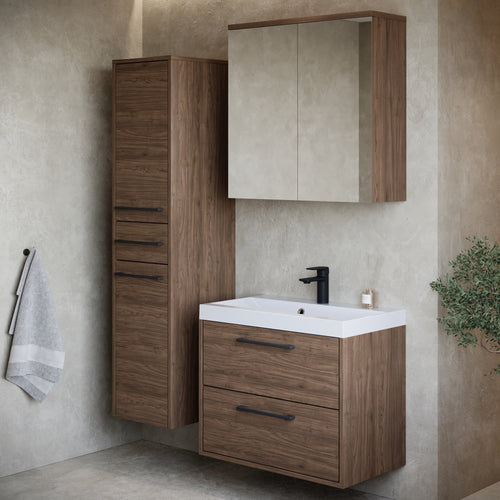 Badplaats Badkamermeubel Set Florence 60 cm – Walnoot Bruin – Hangend Badmeubel met Wastafel, Spiegelkast en Zijkast