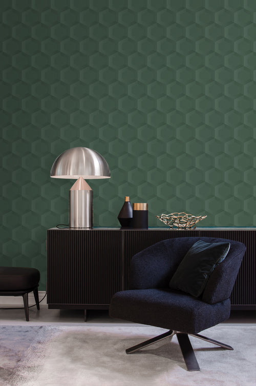 Origin Wallcoverings eco-texture vliesbehang 3d hexagon motief donkergroen - 0.53 x 10.05 m - 348021 - vtwonen shop