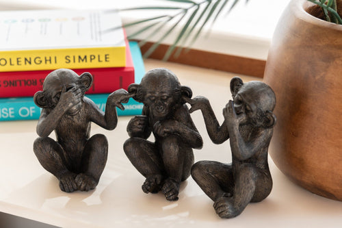 J-Line figuur Aap Horen/Zien/Zwijgen - polyresin - bruin - small - 3 stuks