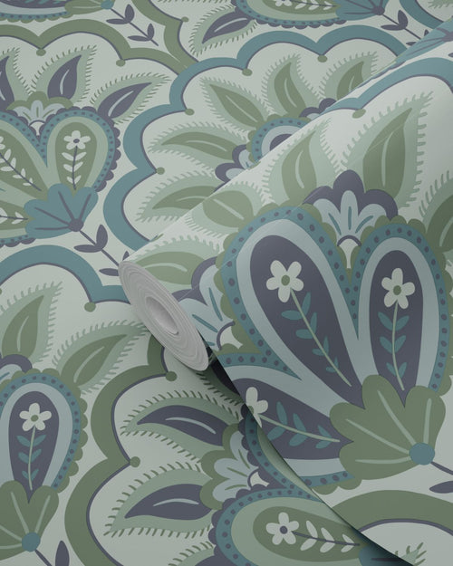 ESTAhome behang oosters barok motief blauw en groen - 50 x 900 cm - 131037