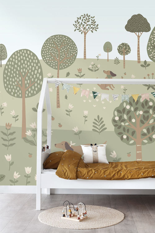ESTAhome fotobehang honden groen en blauw - 3 x 2.79 m - 159662
