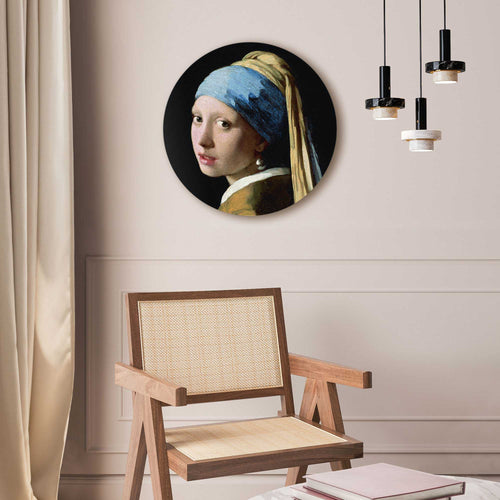 Reinders Jan Vermeer Girl with a Pearl glasschilderij -  blauw - woonkamer - Ø 50cm