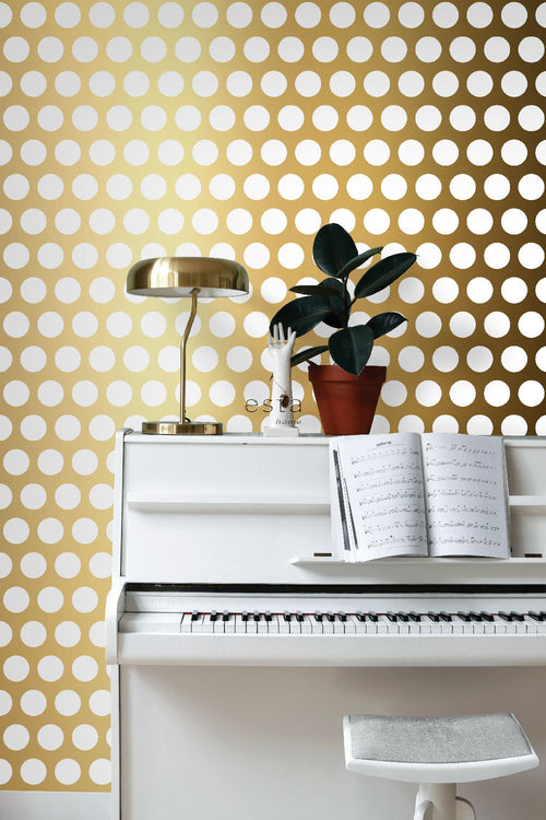 ESTAhome behang grote stippen glanzend goud en wit - 53 cm x 10.05 m - 139116