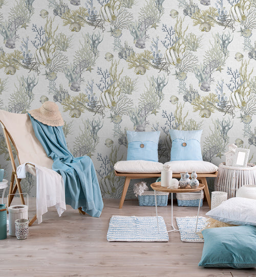 Sanders & Sanders behang onderwaterwereld vergrijsd blauw en olijfgroen - 53 cm x 10 m - 640012 - vtwonen shop