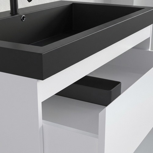 LOMAZOO badmeubelset Avalon - met hoge kast & zwarte wastafel - glanzend wit - 80 cm