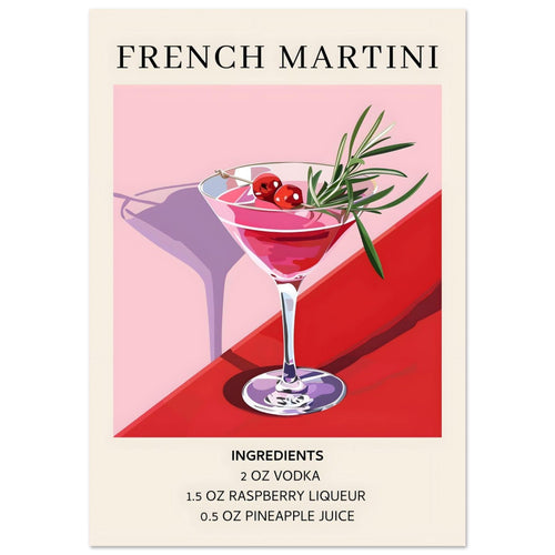 Artfulprints Poster French Martini cocktail - Ingrediënten   - 70x100 cm - Roze