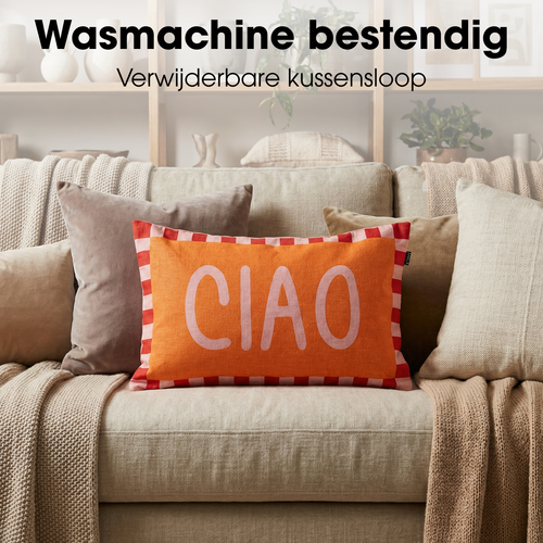 Mica Decorations Ciao Sierkussen - Kussen met Kussenhoes - Woondecoratie Woonkamer - 55 x 35 x 10 cm - Katoen, Linnen, Polyester - Oranje, Roze, Rood