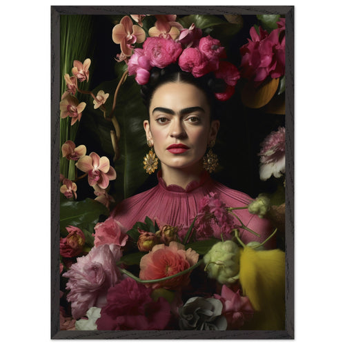 Artfulprints Poster met Lijst Frida Kahlo - Floral portrait   - 50x70 cm - Roze
