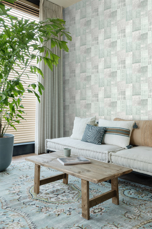 ESTAhome behang Marrakech kelim patchwork tapijt vergrijsd mintgroen - 53 cm x 10.05 m - 148650