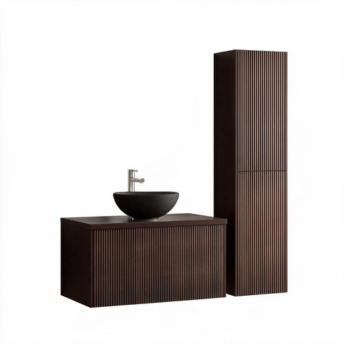 LOMAZOO badmeubelset Tropani - geribbeld - opbouw - met hoge kast & zwarte waskom - walnoot - 80 cm