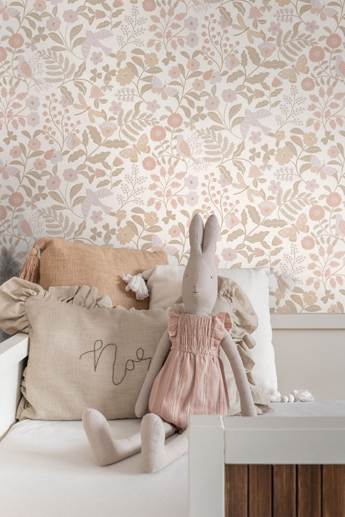 ESTAhome behang bloemen en vogels wit, beige en zacht roze - 53 cm x 10.05 m - 139866