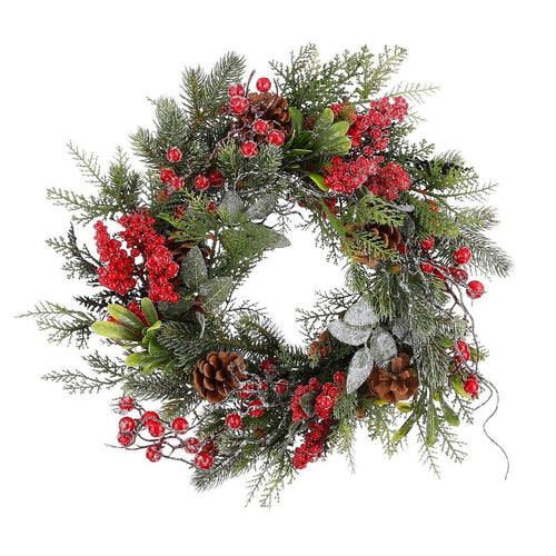 Mica Decorations Randell Christmas Wreath - Kerstversiering met Besjes en Dennenappels - Kerstkrans met Besneeuwd Effect - Deurkrans voor Binnen -
