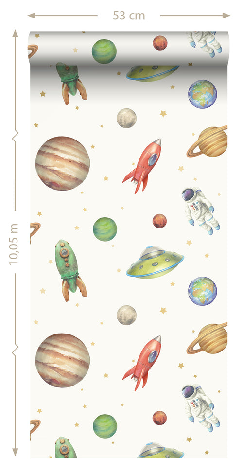 Sanders & Sanders behang planeten in de ruimte wit, groen en rood - 53 cm x 10.05 m - 935346