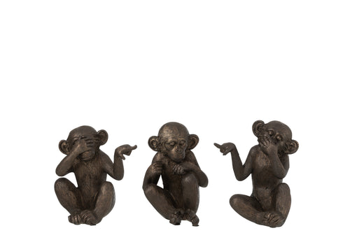 J-Line figuur Aap Horen/Zien/Zwijgen - polyresin - bruin - small - 3 stuks
