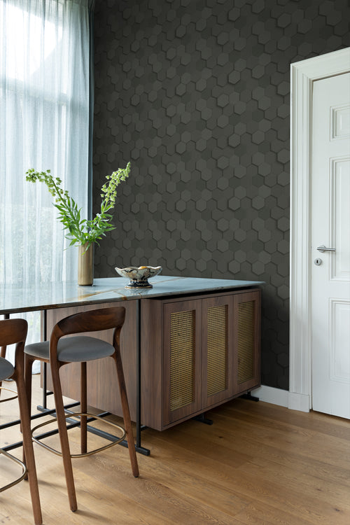 Origin Wallcoverings behang 3d hexagon motief zwart - 53 cm x 10.05 m - 347854 - vtwonen shop