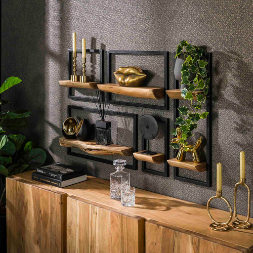 Giga Meubel Wandschap Edge - Naturel Acaciahout - Set van 5 - 25x12x75cm