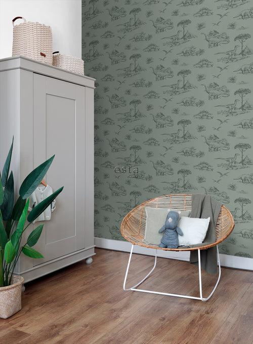 ESTAhome behang dinosaurussen vergrijsd groen - 53 cm x 10.05 m - 139358