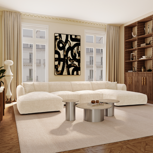 Premium Interiors - Panoramische bank LOMI - gewaafd fluweel crème 346cm