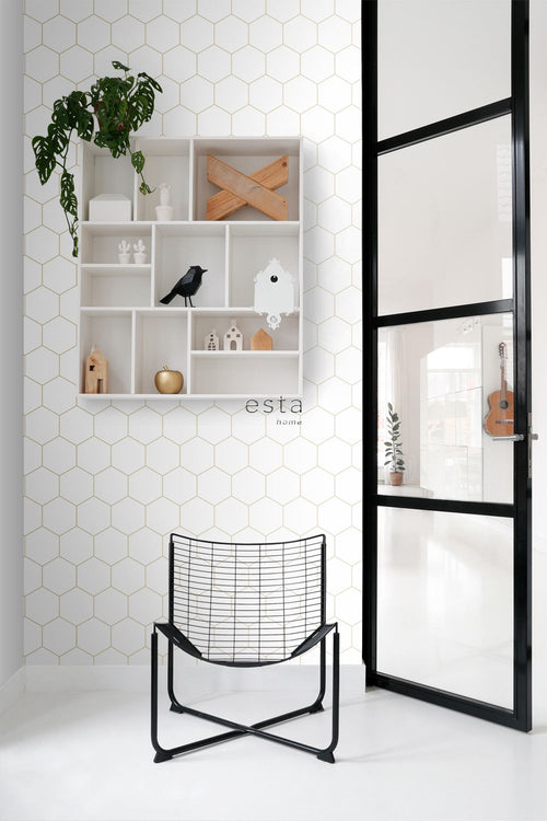 ESTAhome behang hexagon wit en goud - 53 cm x 10.05 m - 139312