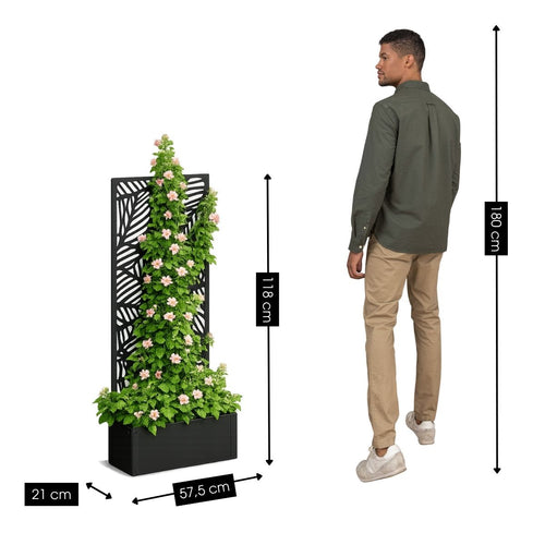 Mica Decorations Sapri Plantensteun - Plantenbak met Klimrek voor Klimplanten - Plantenstandaard Vrijstaand of tegen Muur - 57,5 x 21 x 118 cm - Zwart