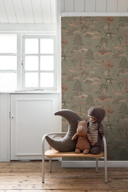 ESTAhome behang dinosaurussen vergrijsd groen en bruin - 50 x 900 cm - 131657