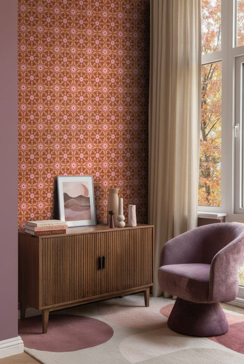 ESTAhome behang tegelmotief bruin, roze en paars - 50 x 900 cm - 132073