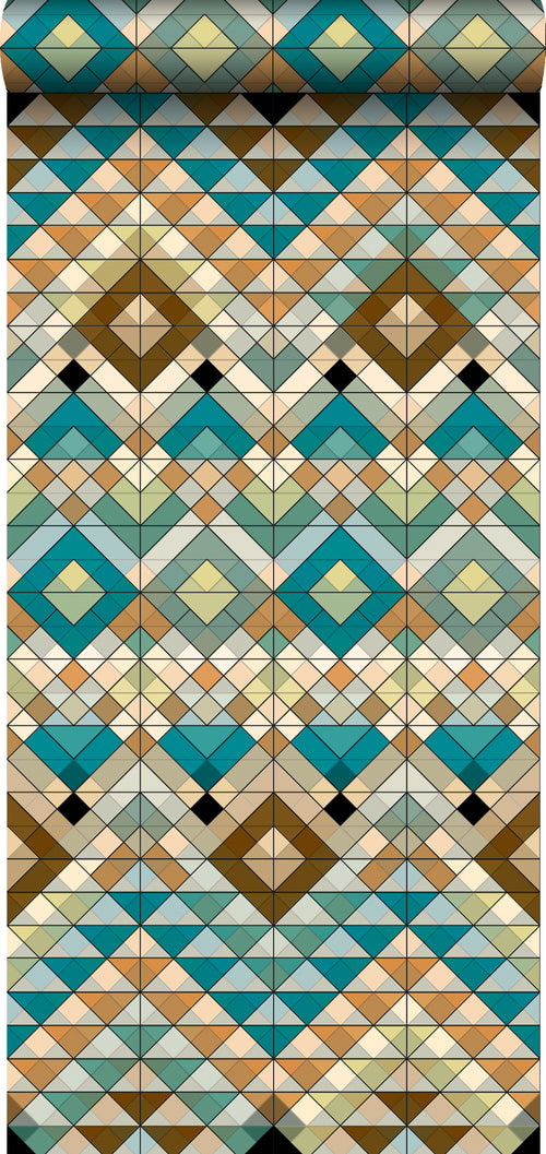 ESTAhome XXL behang Aztec-motief turquoise, beige en zeegroen - 50 x 900 cm - 158601