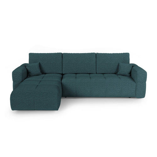 Premium Interiors - Linkshoekbank met slaapfunctie en opbergruimte VIBE - bouclé-stof eendblauw 286cm