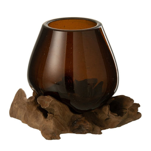 J-Line vaas op voet Gamal - hout/glas - naturel/bruin - medium - 17 cm hoog