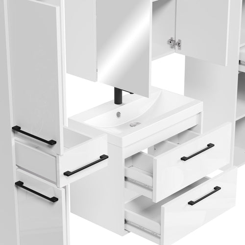 Badplaats Badkamermeubel Set Florence 60 cm XL – Hoogglans Wit – Hangend Badmeubel met Wastafel, Spiegelkast en Zijkasten