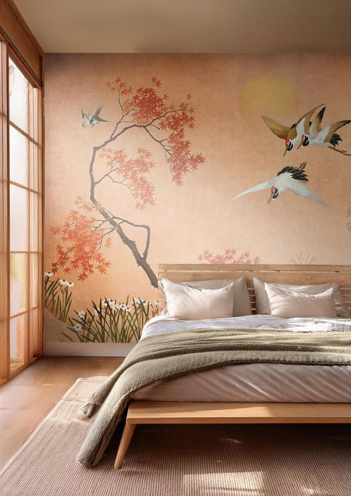 Sanders & Sanders fotobehang kraanvogels oranje en terracotta - 424 x 280 cm - 640812