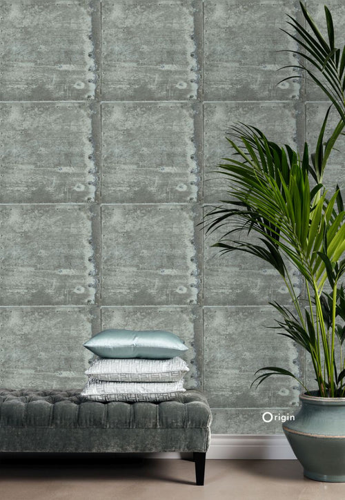 Origin Wallcoverings behang grote verweerde roestige metalen platen met klinknagels licht lagunegroen - 53 cm x 10,05 m - 337228 - vtwonen shop