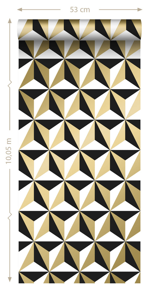 ESTAhome behang grafisch motief glanzend goud, wit en zwart - 53 cm x 10.05 m - 139118