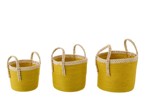 J-Line mand met handvatten - papier - naturel/mosterdgeel - set van 3