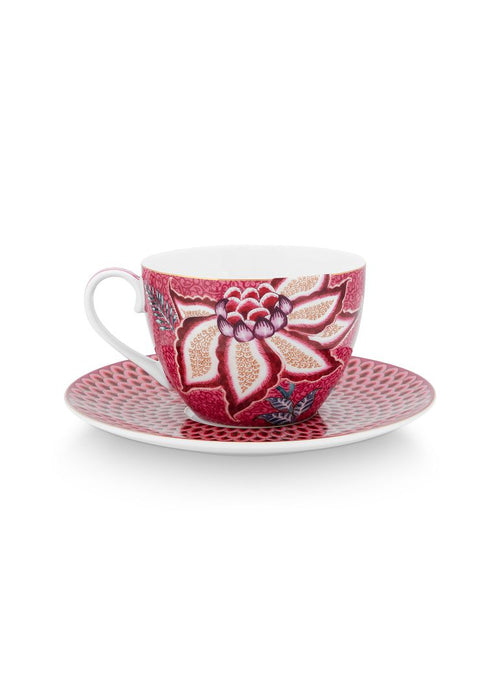 Pip Studio Flower Festival Kop en Schotel - Servies - Set van 2 - Donkerroze - 280ml - vtwonen shop