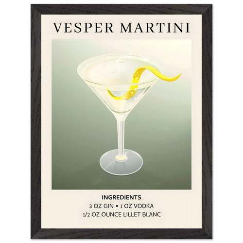 Artfulprints Poster met Lijst Vesper Martini cocktail - Ingrediënten   - 30x40 cm - Grijs
