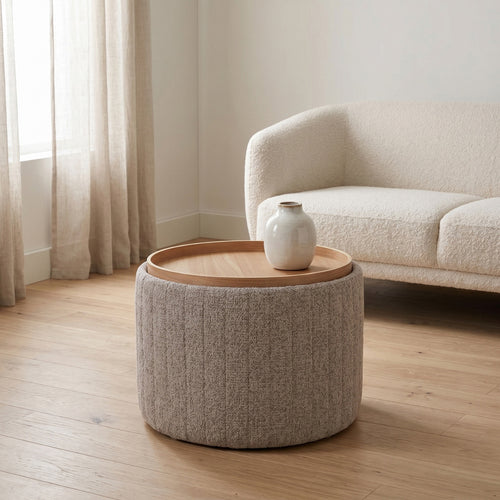 DÉJA Living Salontafel Angela – Rond – Met Opbergruimte – Chenille – Essen Fineer – 55x55x42 cm – Taupe/Naturel