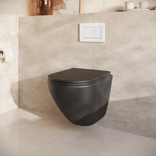 LOMAZOO hangtoiletset Linea - met inbouwreservoir & vierkante drukplaat - rond - wit / zwart