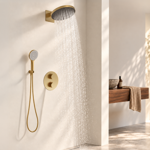 LOMAZOO inbouwdoucheset Aurora - met thermostaatkraan & ronde handdouche - goud - 30 cm