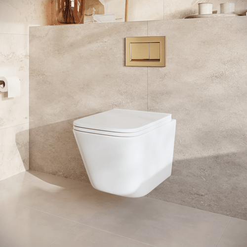 LOMAZOO hangtoiletset Linea - met inbouwreservoir & vierkante drukplaat - vierkant - goud / wit