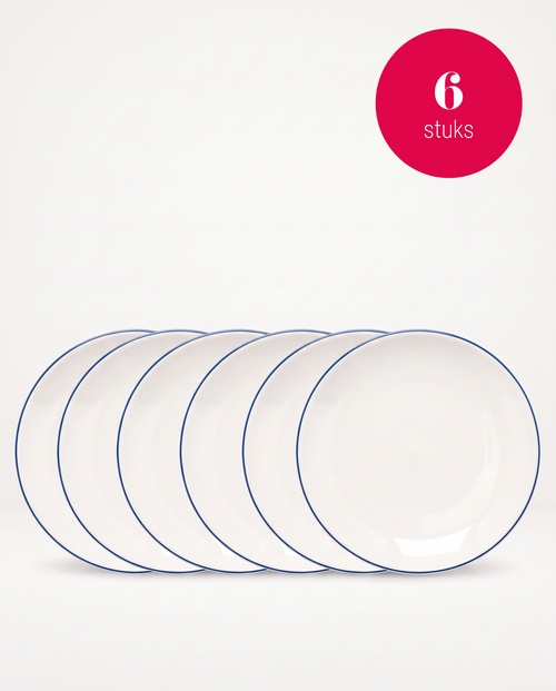 vtwonen - Ontbijtbord - Wit/Blauw Lijn - Porselein - 20cm - Set van 6