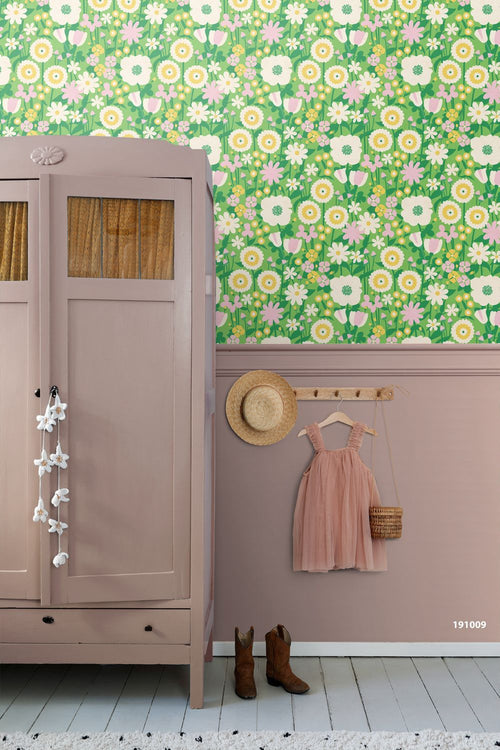 ESTAhome behang retro bloemen groen en geel - 50 x 900 cm - 132157