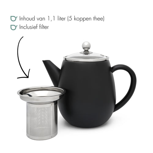 Bredemeijer - Dubbelwandige theepot Eva - 1,1 liter - Mat zwart - Met filter - vtwonen shop