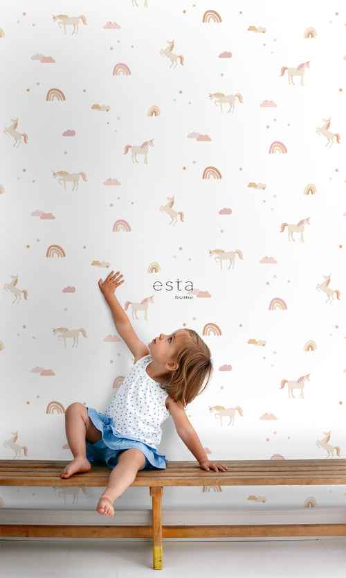 ESTAhome behang unicorns beige, zacht roze en okergeel - 50 x 900 cm - 139538