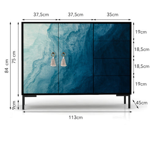 Laag dressoir met 2 deuren en 4 laden van MDF met Blauwe oceaan patroon - vtwonen shop