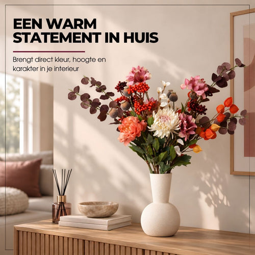 Mica Decorations Fedde Boeket Roze met 18 Stelen - Kunstboeket met Bloemen, Bladeren en Takken - Kunstbloemen Roze, Crème en Oranje - Polyester Boeket