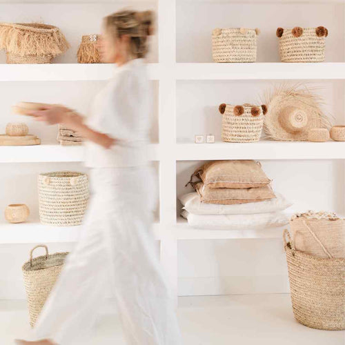 NOA MAY Mand Boho - naturel/wit -palmblad - set van 3 manden (small, medium & large)