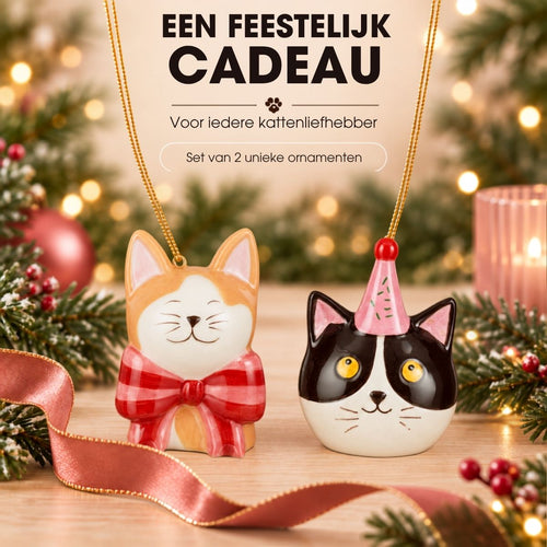 Mica Decorations Ornament Cadeau Set Kat Oranje Zwart 2 Stuks - Kerstornamenten van Dolomiet met Strik en Feestmuts - Kerstboomhangers voor Kerstboom